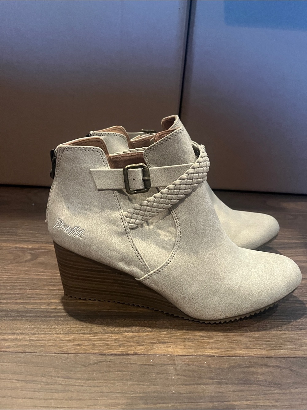 Braided Strap Wedge Ankle Boots — Light Taupe